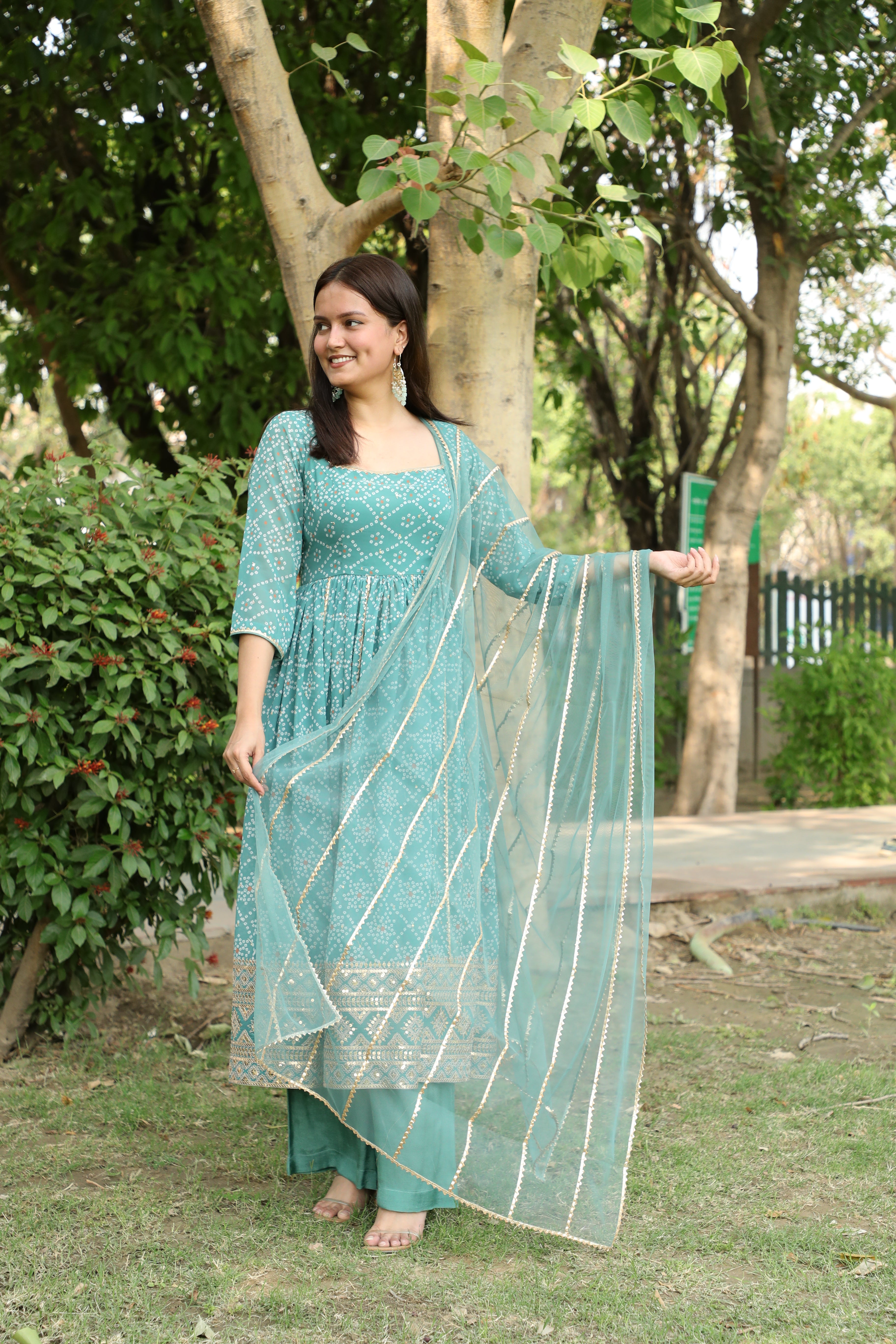 Teal Blue Bandhini Print Anarkali Suit