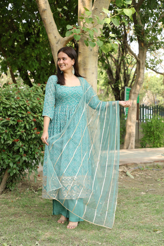 Teal Blue Bandhini Print Anarkali Suit