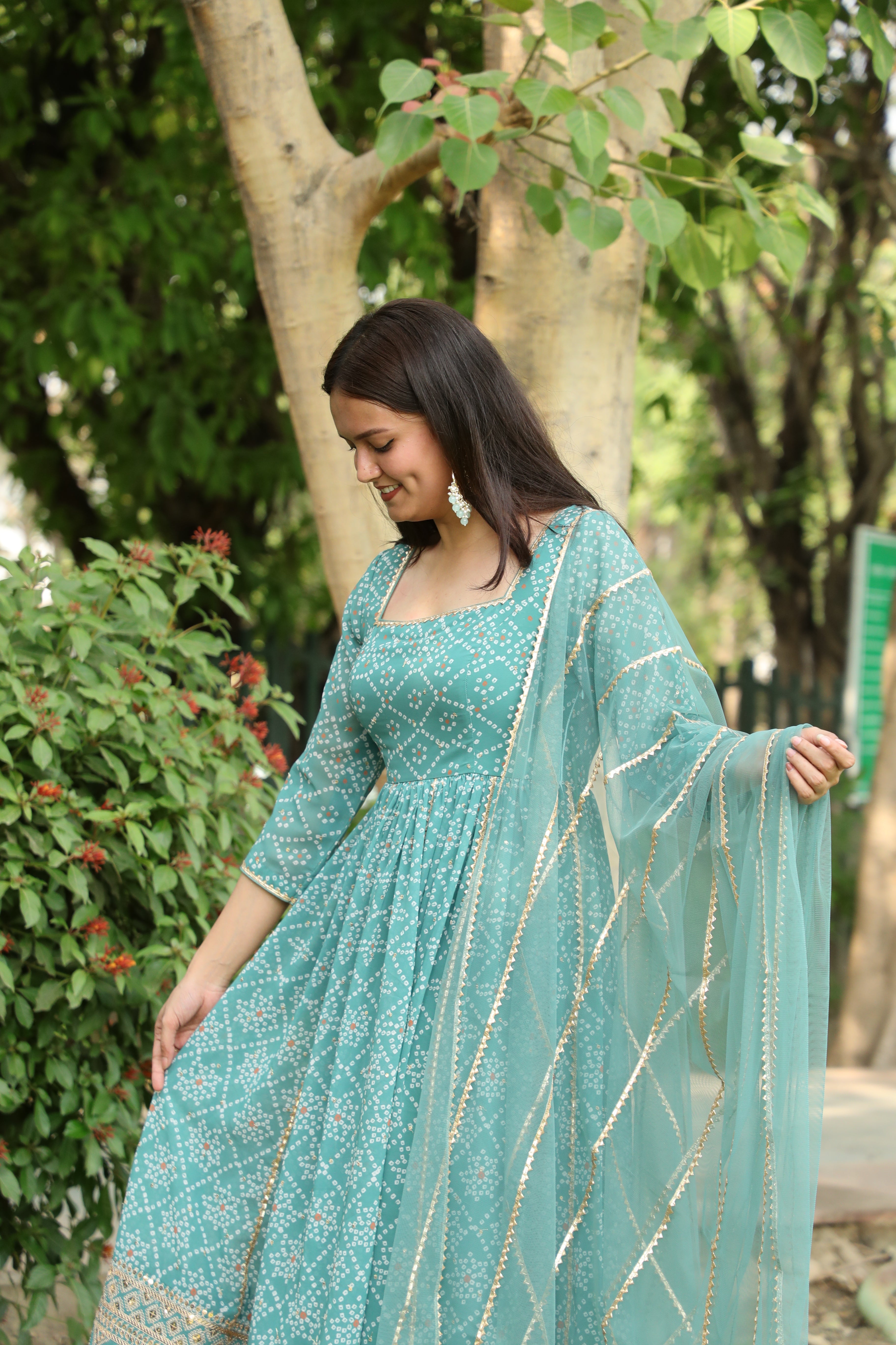 Teal Blue Bandhini Print Anarkali Suit