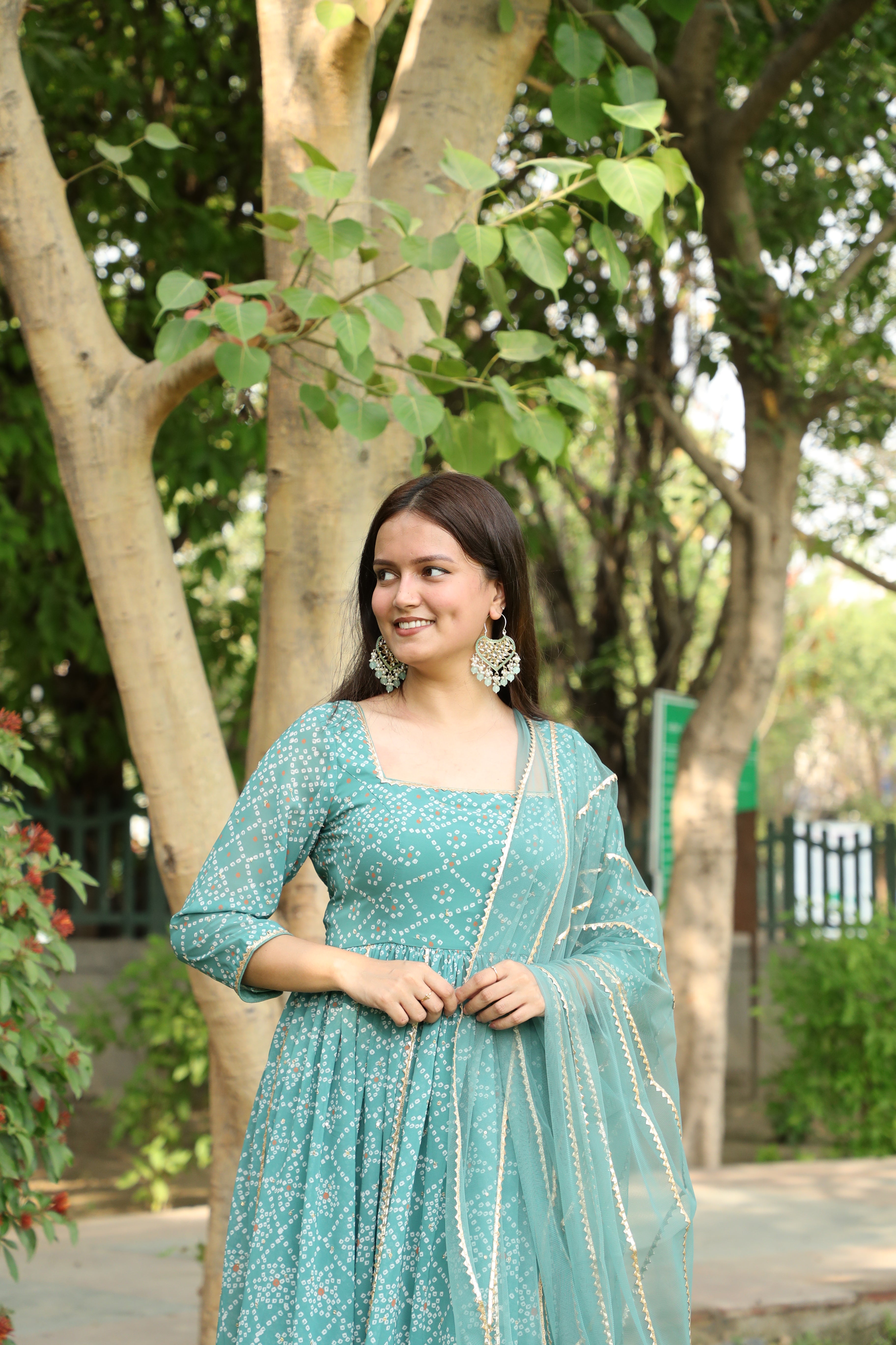 Teal Blue Bandhini Print Anarkali Suit