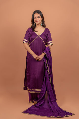 Grape Royale: Purple Deep V Neck Straight Suit Set