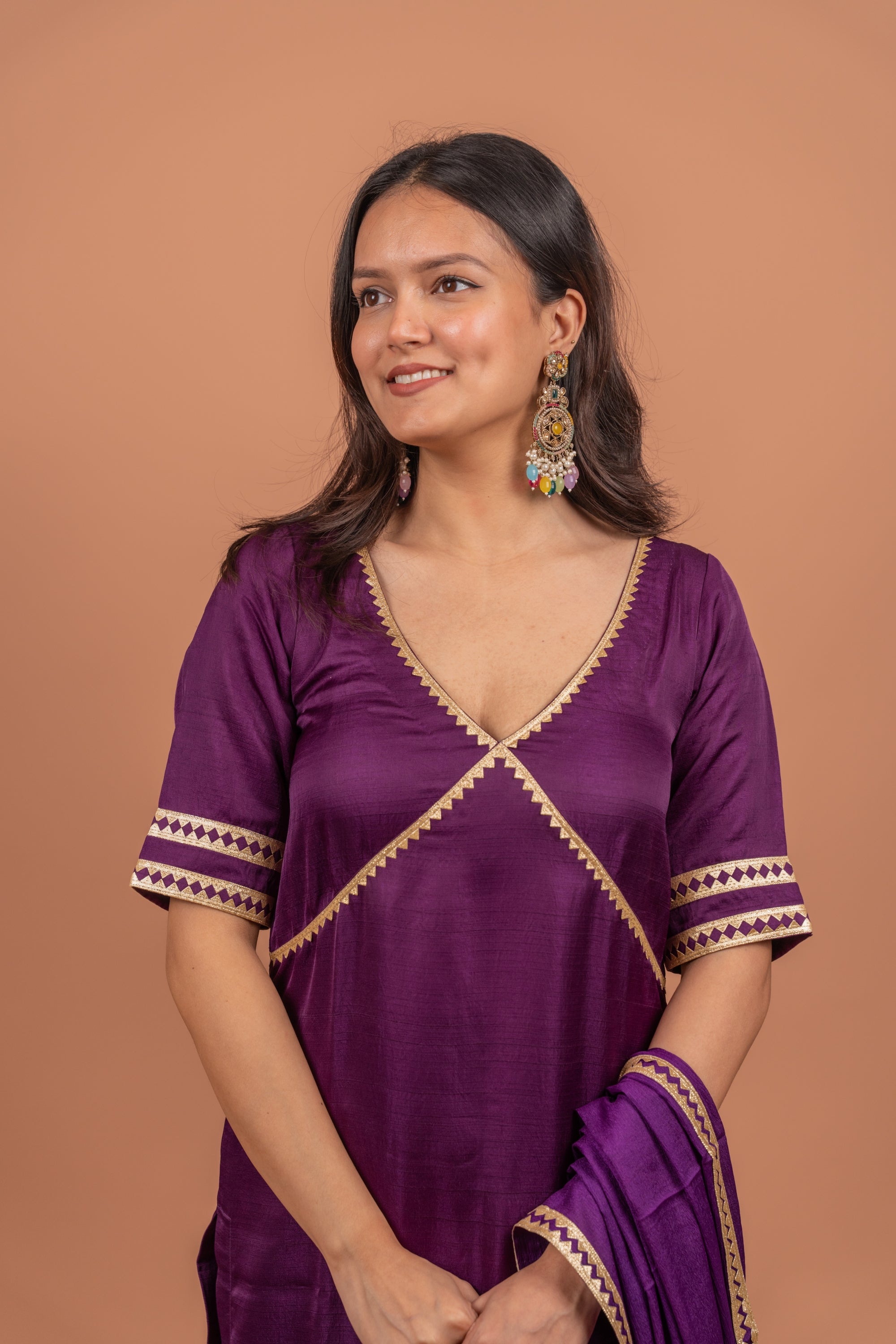 Grape Royale: Purple Deep V Neck Straight Suit Set