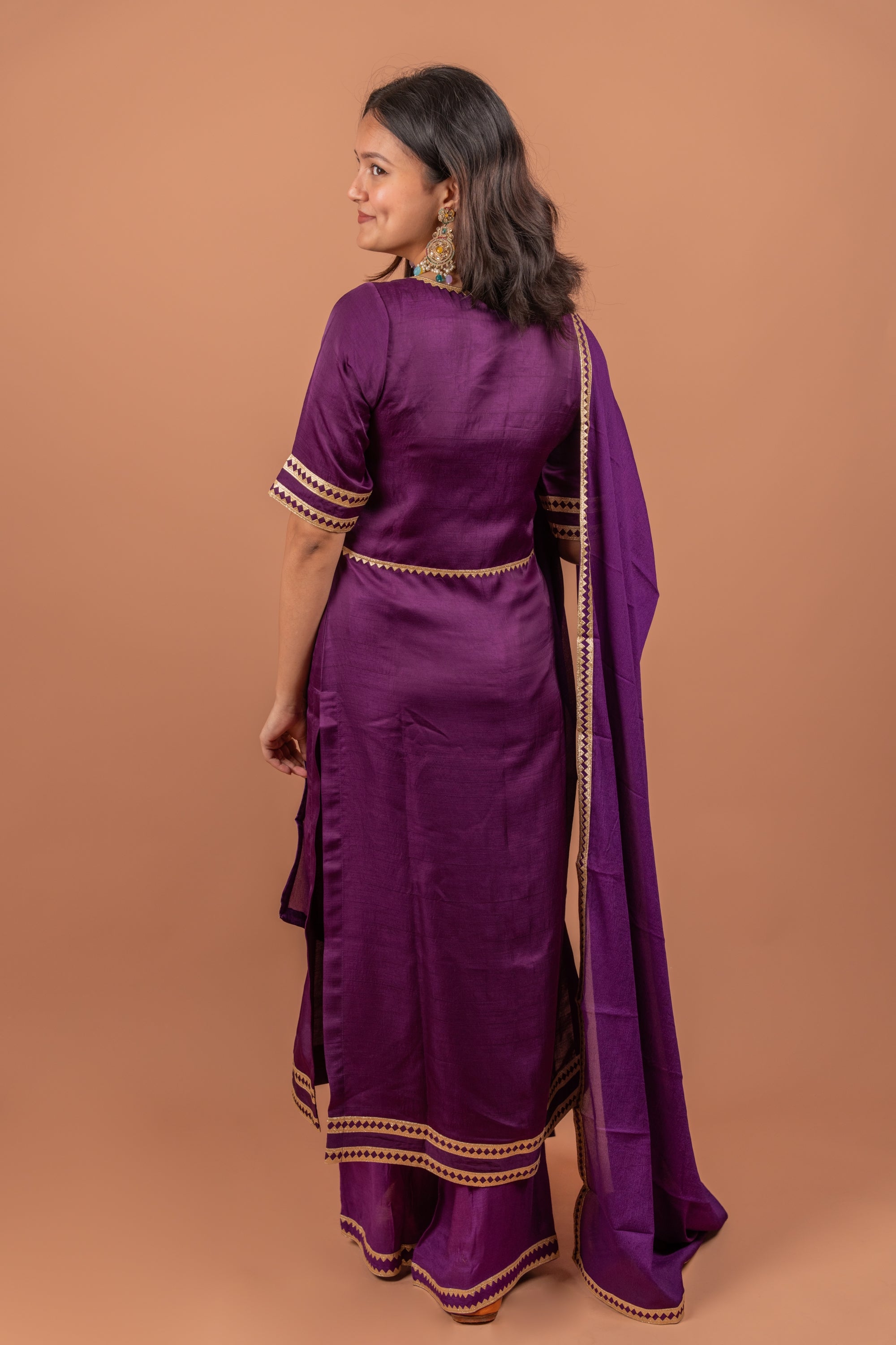 Grape Royale: Purple Deep V Neck Straight Suit Set